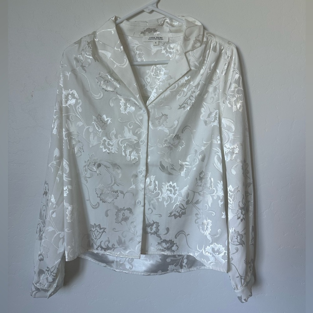 Silky Flowered White Button Down - image 1